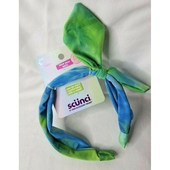 Tie Dye Headband Scunci 1 Piece Blue/Green w/Bow & Mask Button Holders #34752 - Picture 1 of 6